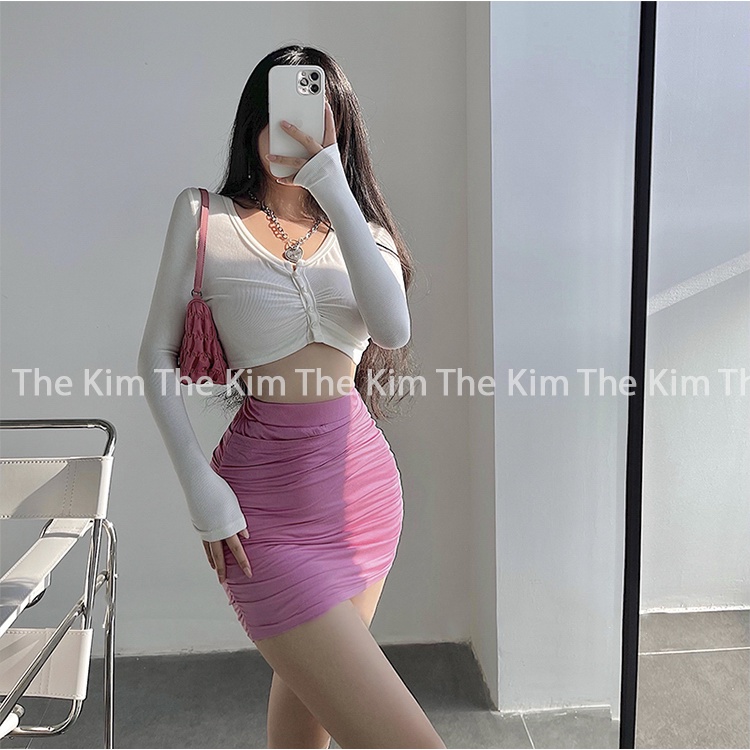 Áo thun tăm tay dài croptop nhún ly cúc ngực , áo dài tay cho nữ cổ tròn dáng ngắn ôm body The Kim AD125