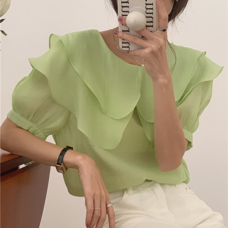 SUXI Áo Sơ Mi Tay Ngắn Dáng Rộng Cổ Bèo Màu Sắc Đơn Giản Phong Cách Hàn Quốc Thời Trang Mùa Hè