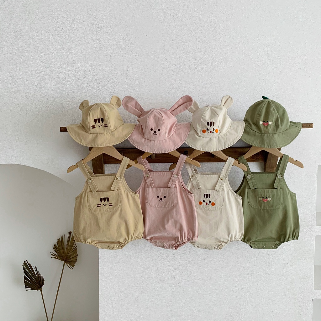 Bộ Áo Liền Quần Hai Dây + Mũ Kiểu Hoạt Hình Đáng Yêu Cho Bé