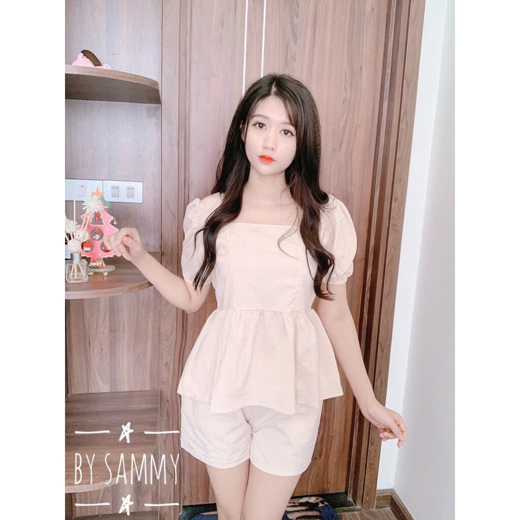 SUSQ008 Set áo babydoll tay bồng trắng quần sooc trẻ trung dễ thương Bộ áo kiểu nữ cộc tay quần đùi bánh bèo cute