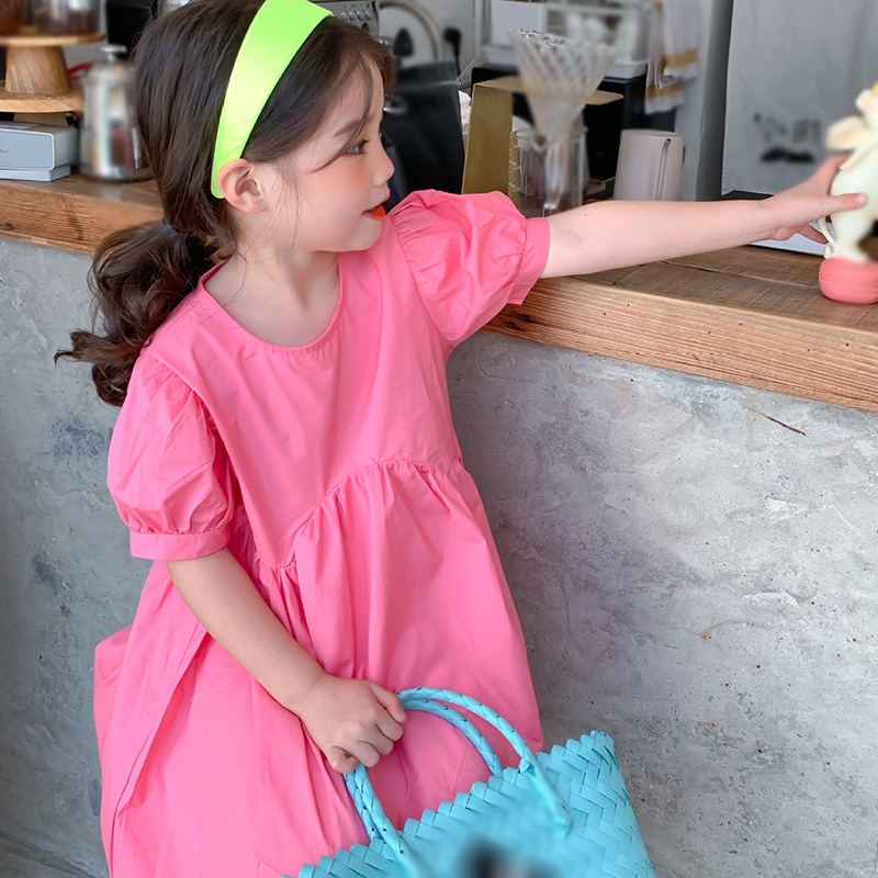 Váy tay áo ngắn phồng màu trơn cho bé gái