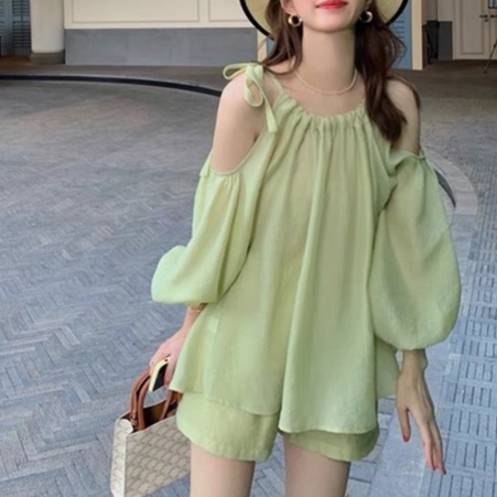Set Áo Khoét Vai Buộc Nơ Phối Quần Sooc Form Rộng Xanh Bơ Nhiều Màu Siêu Xinh VAVASA BD01