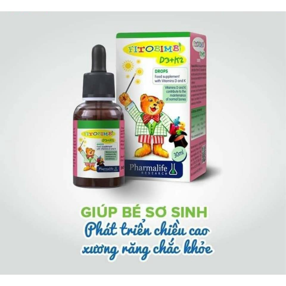 Fitobimbi D3 K2 Bổ sung D3 cho bé giúp hấp thụ canxi tối đa, dùng cho trẻ từ sơ sinh chai 30ml - NT164