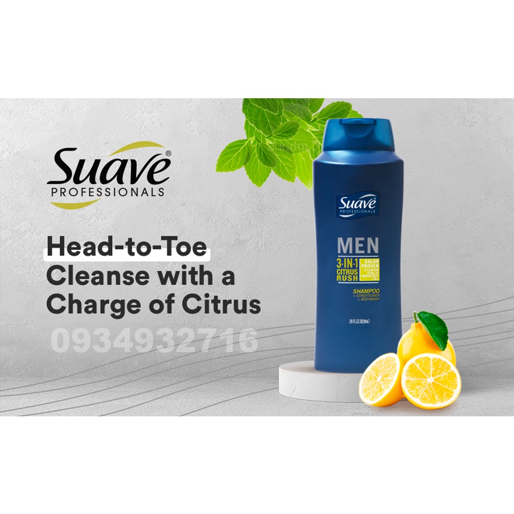 Sữa Tắm Gội xả 3 Trong 1 Cho Nam Suave Professionals Men 3-in-1 Citrus Rush 828ml - Hàng Nhập USA