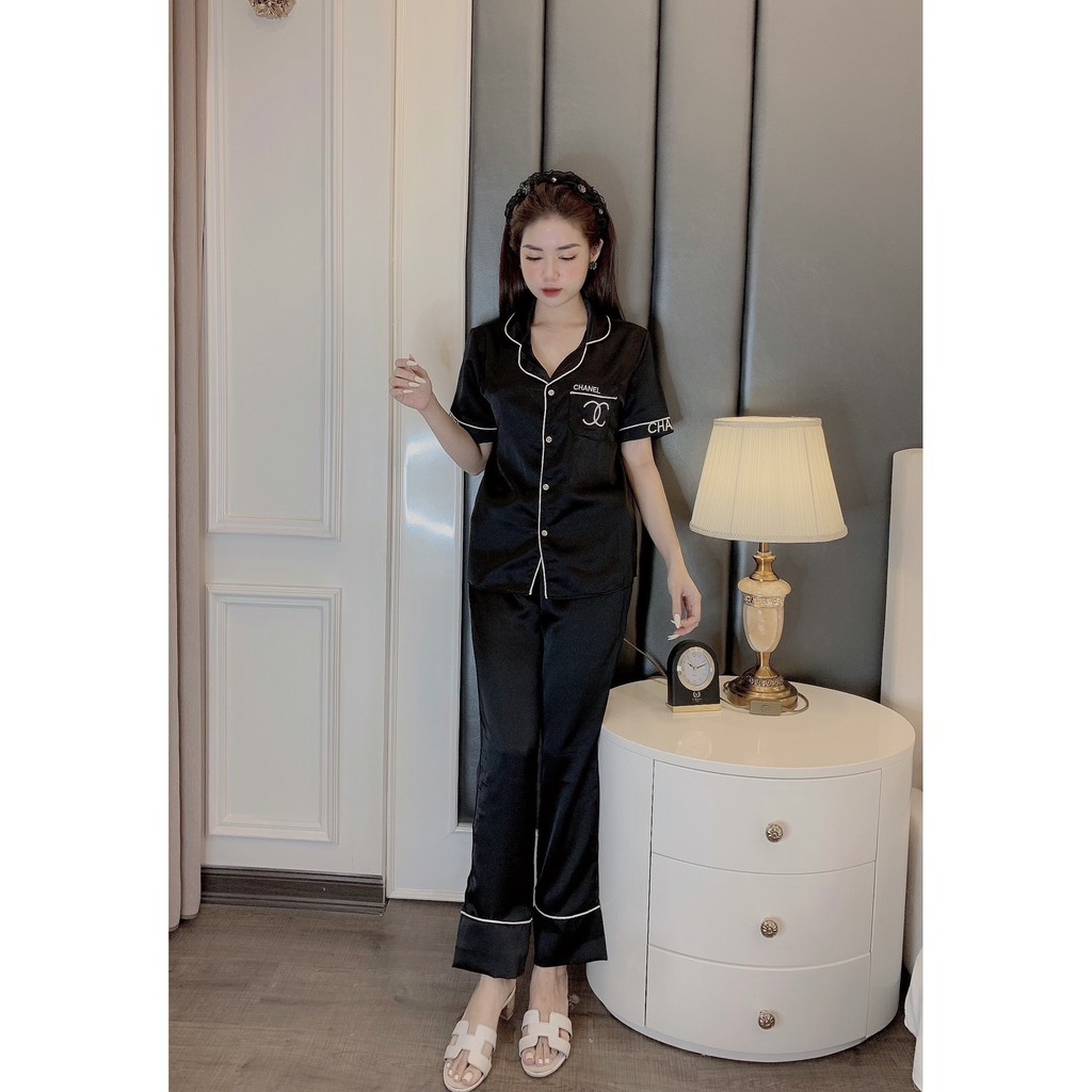 Bộ Ngủ Lụa Satin Đồ Bộ Pijama Lụa Cộc Tay Quần Dài Cha.nel Thêu BN10.2 NoBrandSilk