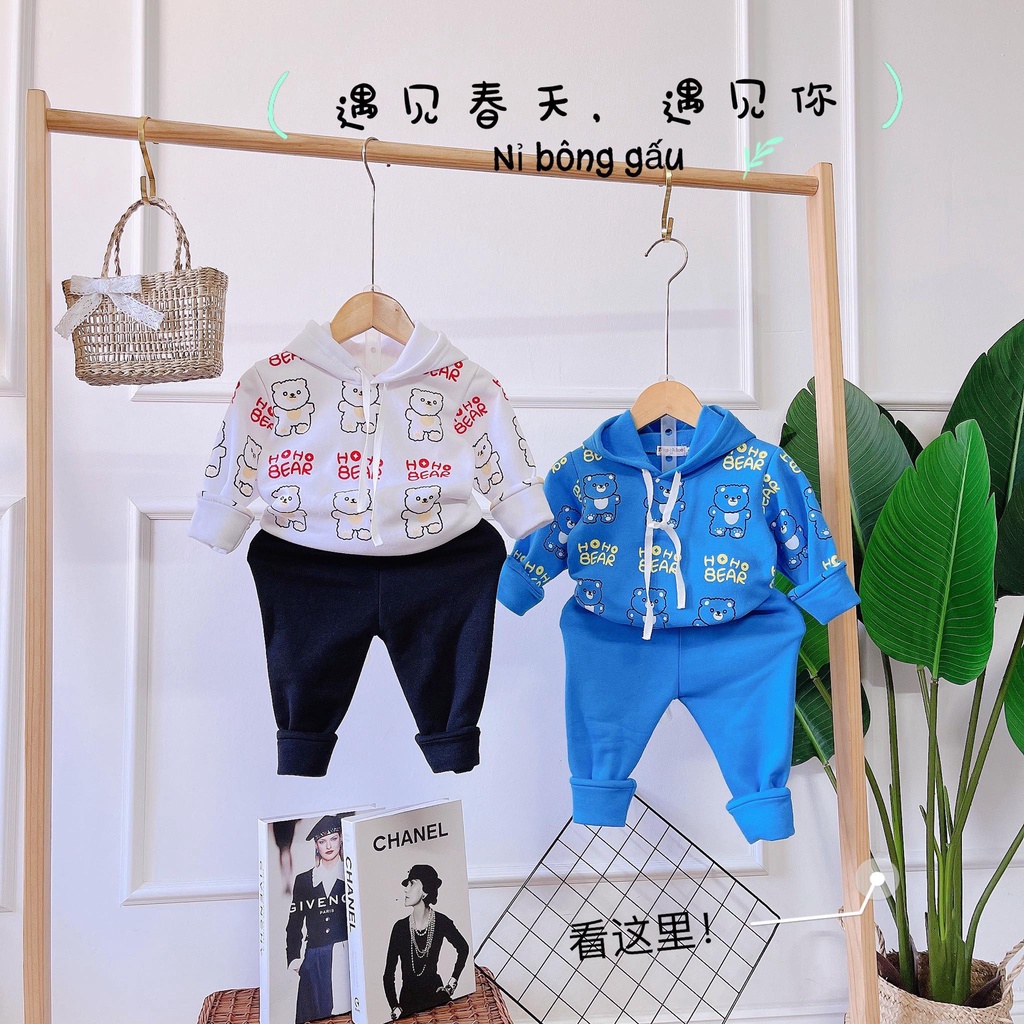 Bộ quần áo thu đông Chất nỉ bông bên trong, dày mền, cực ấm, in hình gấu dễ thương cho bé (8-19 kg) - quần áo trẻ em
