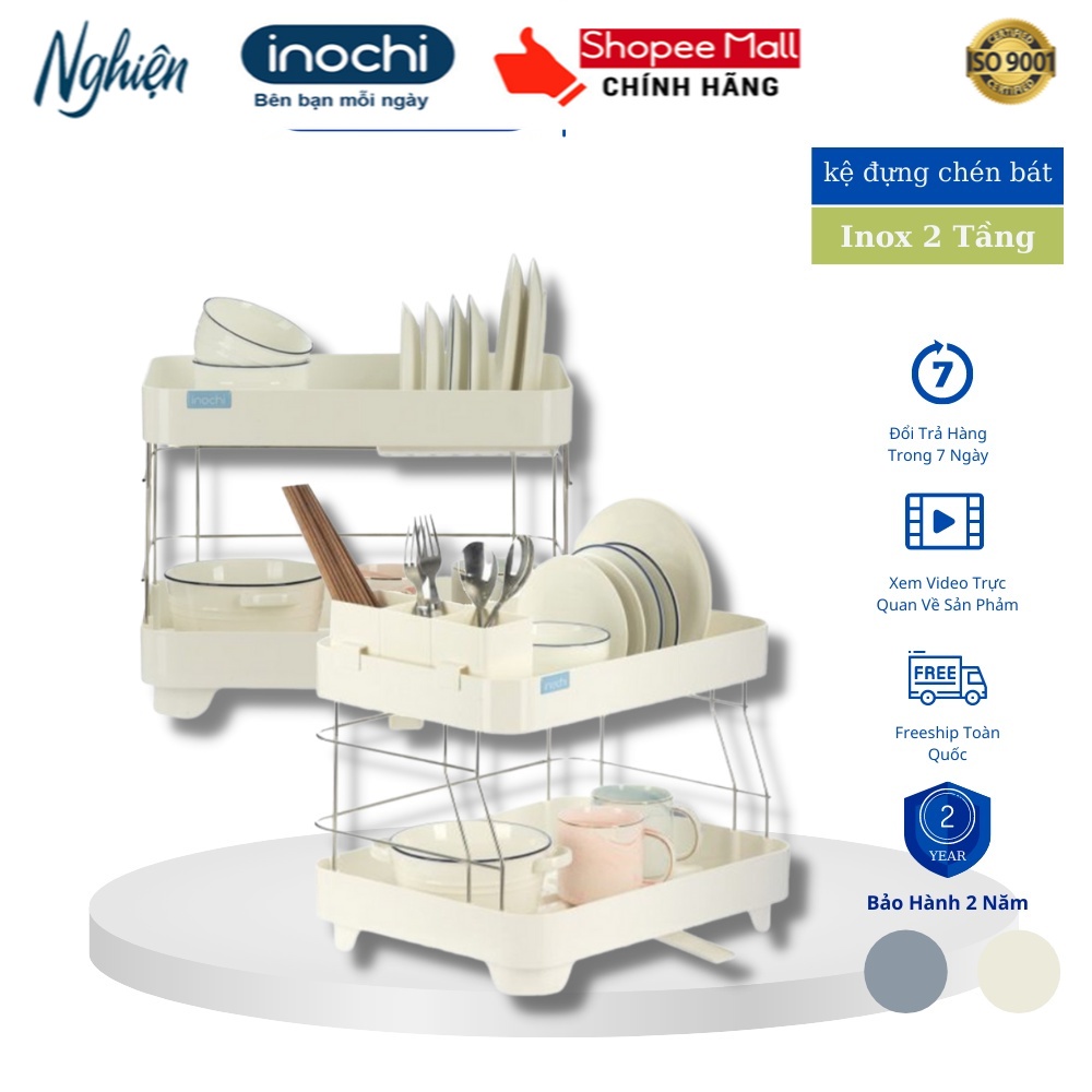 Kệ chén bát đa năng nhựa Inox 2 Tầng Inochi Có Khay Thoát Nước Thông Minh Tiện dụng hàng chính hãng