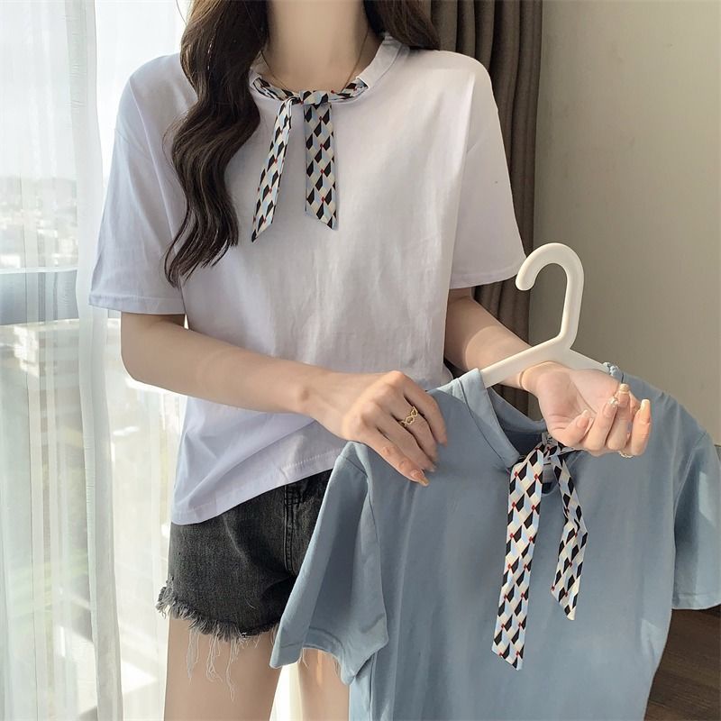 Áo Thun Tay Ngắn Cổ Tròn Thời Trang Mùa Hè Hàn Quốc Cho Nữ