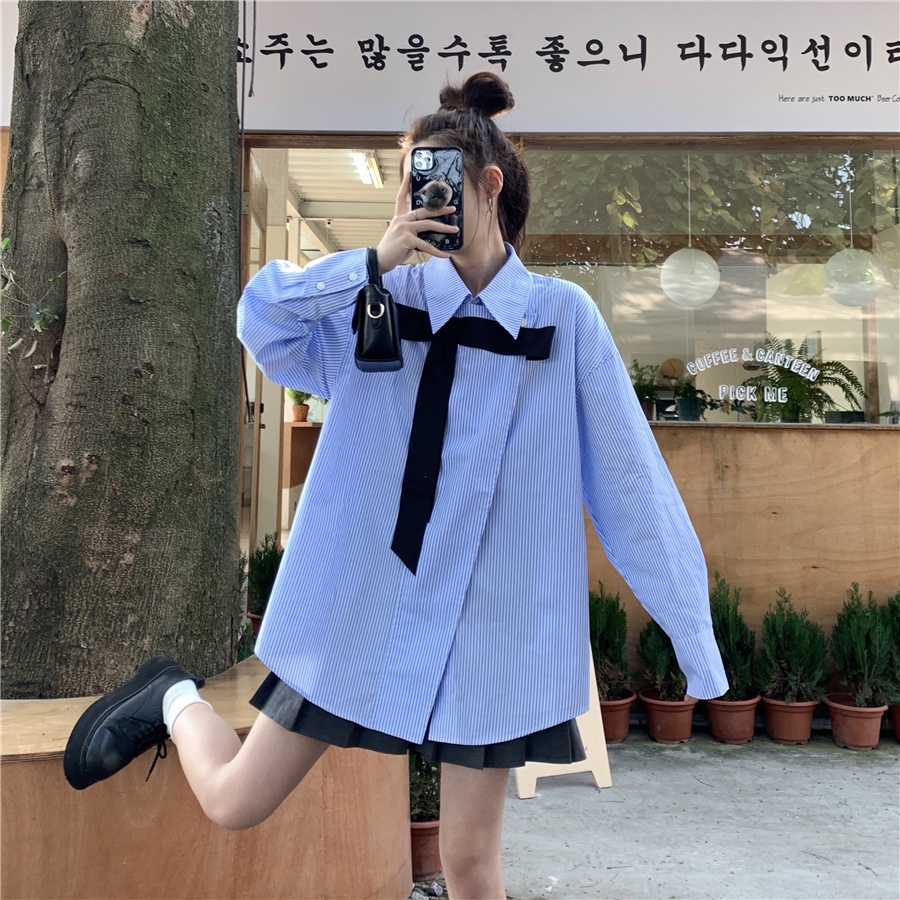 Áo Sơ Mi Tay Dài Dáng Rộng Cổ Thắt Nơ Thời Trang Cho Nữ