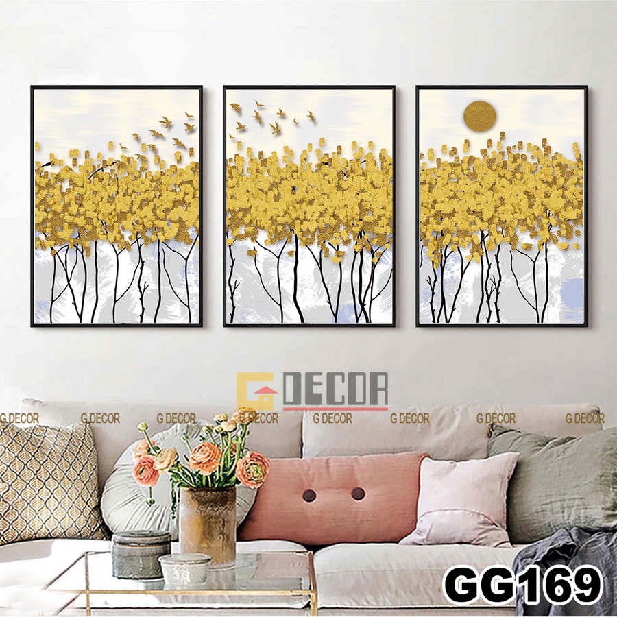 Tranh treo tường canvas khung gỗ 3 bức phong cách hiện đại Bắc Âu 162, tranh hươu tài lộc trang trí phòng khách, spa