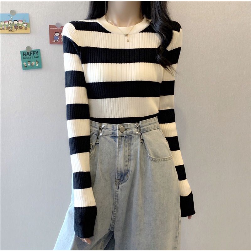 Áo sweater Dệt Kim Tay Dài Dáng Ôm Họa Tiết Kẻ Sọc Phong Cách Hàn Quốc Thời Trang Mùa Thu Cho Nữ NZ-TX-428