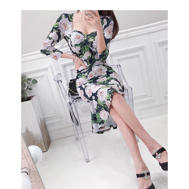 Đầm tay dài dáng ôm đuôi cá hoa lá mix màu xanh