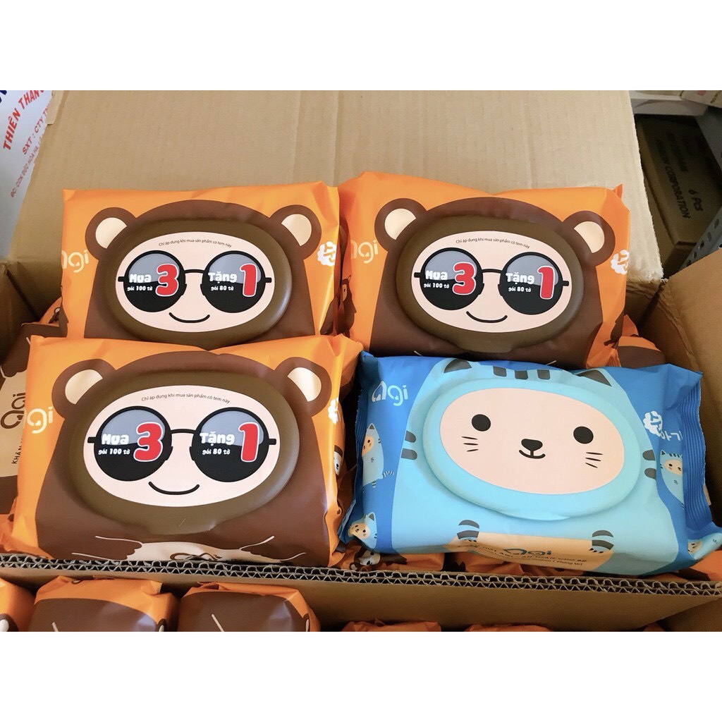 Combo 3 gói khăn ướt Agi 100 tờ không mùi cho bé tặng 1 gói khăn Agi 80 tờ