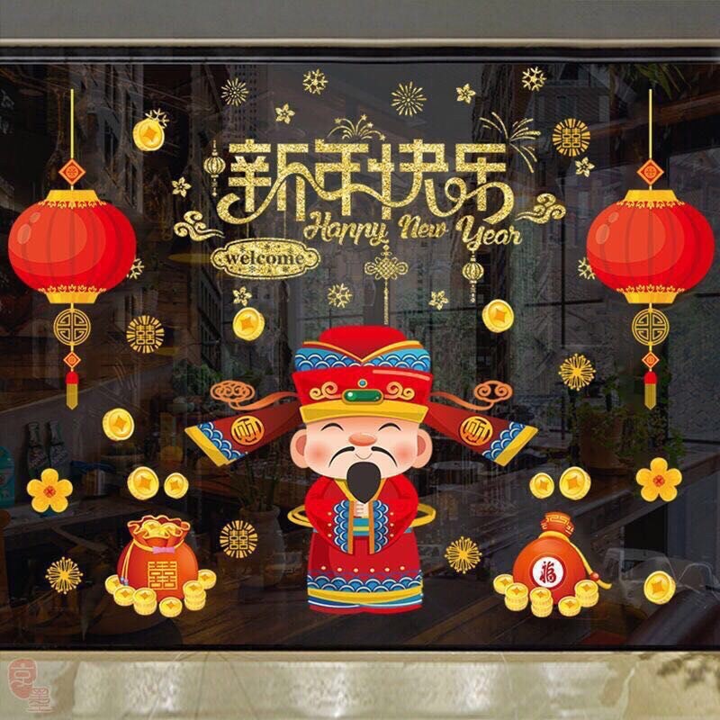 Combo decal trang trí tường - Thần tài phói chữ HPNY nhũ kim tuyến (2 tấm )