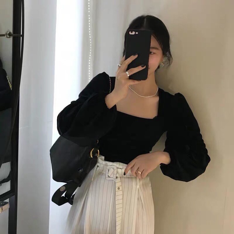 (sẳn) Áo nhung cổ vuông basic