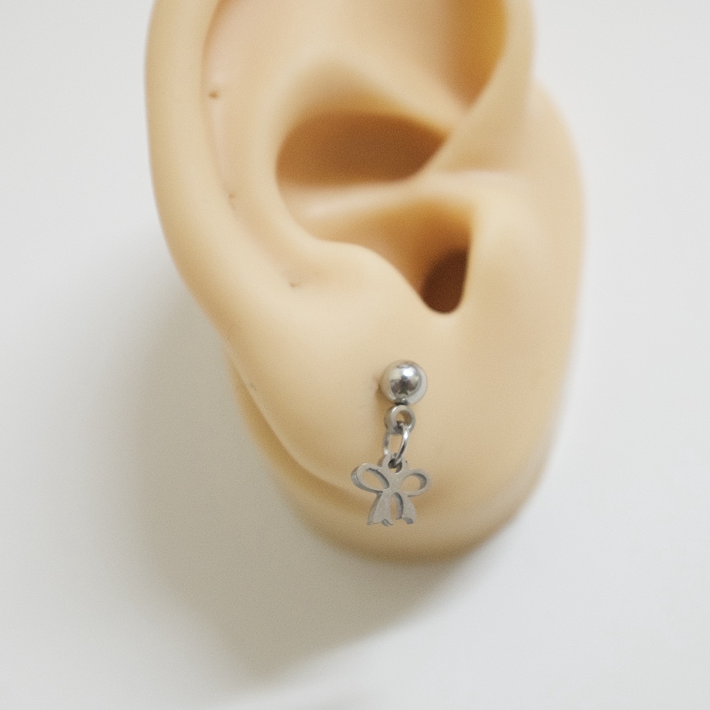 [1 Chiếc] Khuyên Tai Titan Unisex Có Charm Hình Nơ Màu Bạc Đuôi Bi Không Gỉ Sét Không Ngứa Bông Tai Julies Box 66