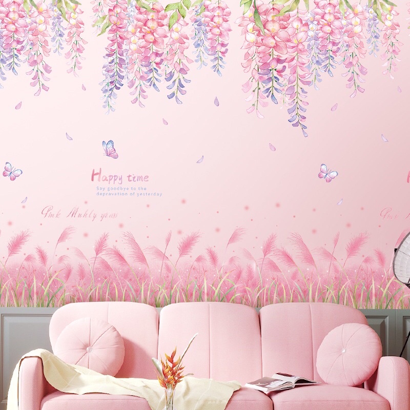 Decal dán tường, Tranh dán tường tán hoa và chân cỏ hồng.