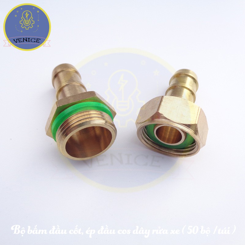 Bộ ép đầu dây máy rửa xe VENICE (đầu đực + cái + áo ép) - Đuôi chuột phi 8mm - Cỡ ren 13 mm  - 50 bộ / túi