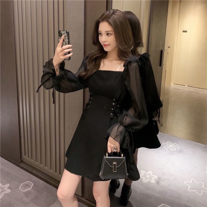 Đầm cổ vuông dài tay đan eo 2 màu