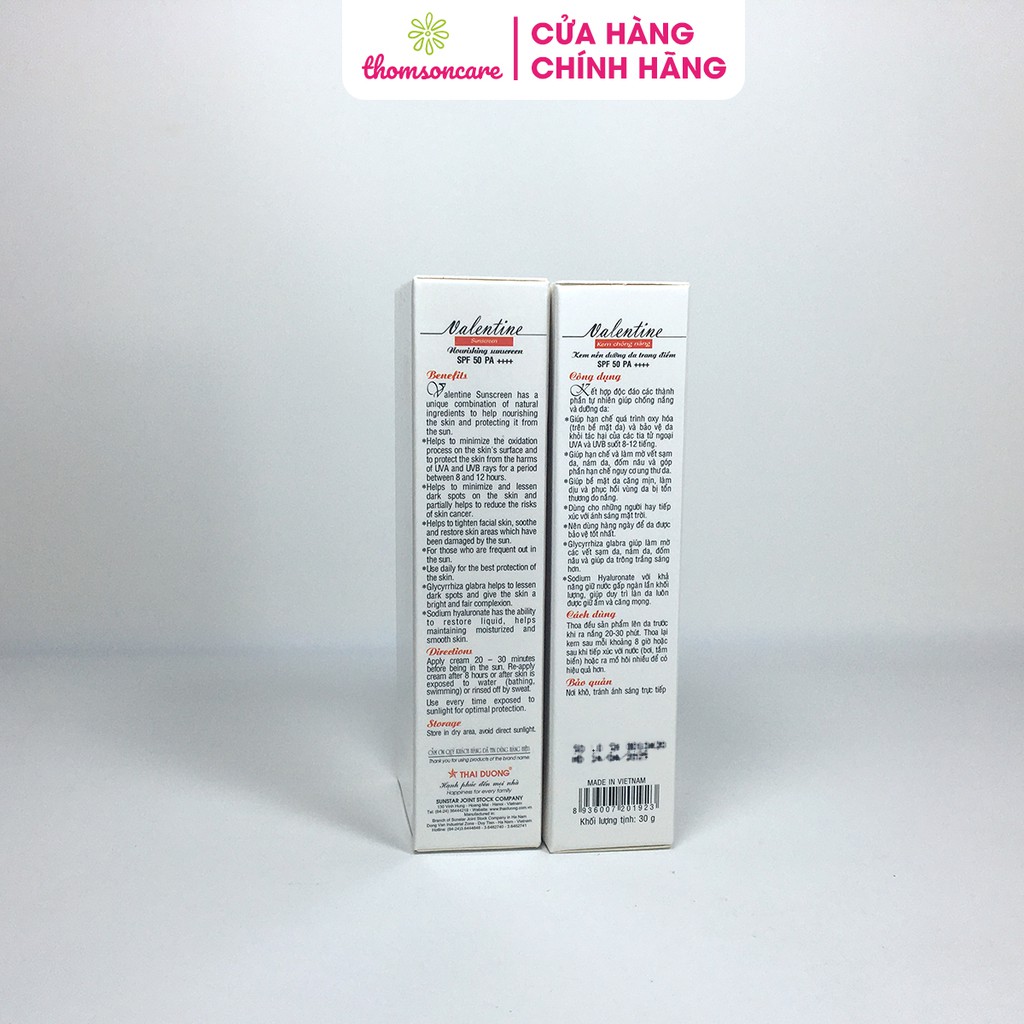 Kem chống nắng Valentine SPF 50 - Chống nắng, bảo vệ làn da khỏi tác hại của tia UV - Tuýp 30g