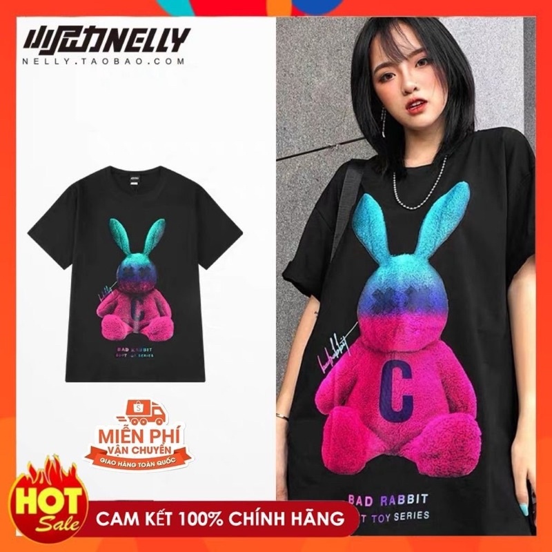 Áo phông tay lỡ Nelly heybig chất cotton in hình thỏ chữ C