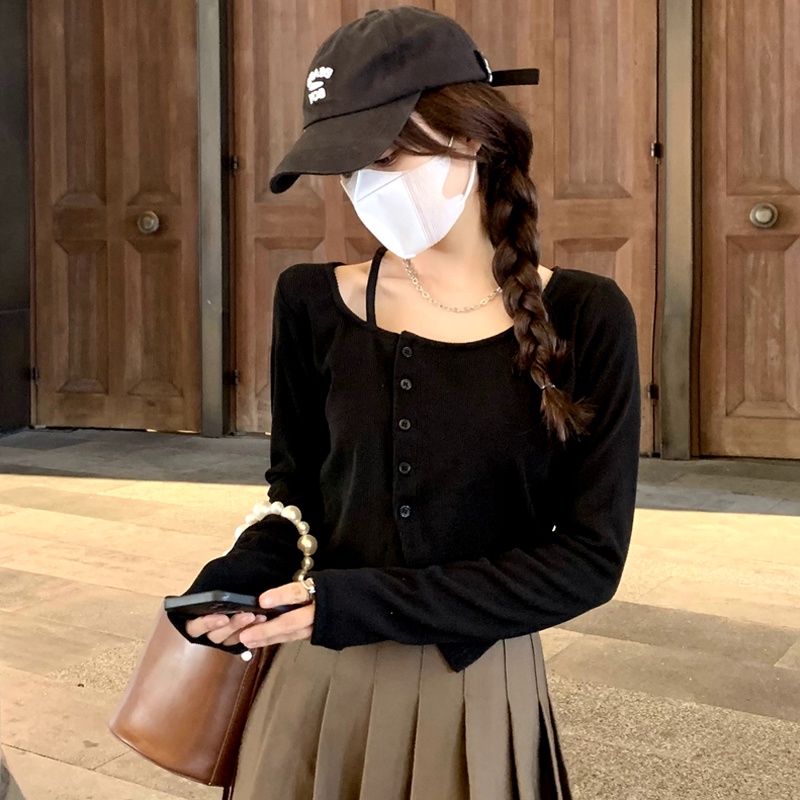 LEEVA - Áo croptop nữ cổ tròn phối dây cách điệu dài tay A199