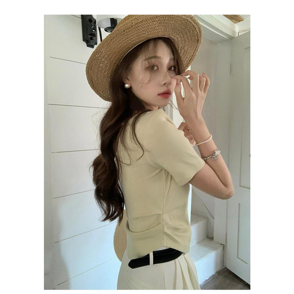 Áo Thun Tay Ngắn Dáng Ôm Co Giãn Màu Trơn Thời Trang Mùa Hè 61589