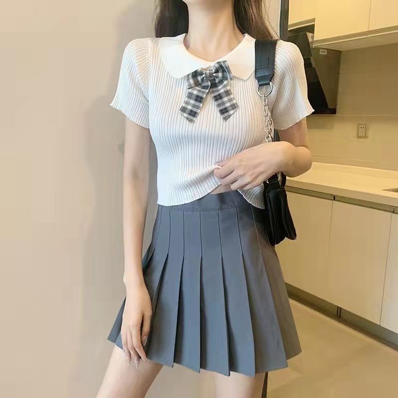 Áo thun bằng vải dệt kim tay ngắn cổ búp bê đính nơ thời trang mùa hè phong cách Hàn Quốc cho nữ VN170