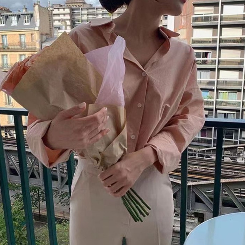 Áo Sơ Mi Tay Dài Dáng Rộng Thắt Nơ Sau Lưng Màu Trơn Dành Cho Nữ