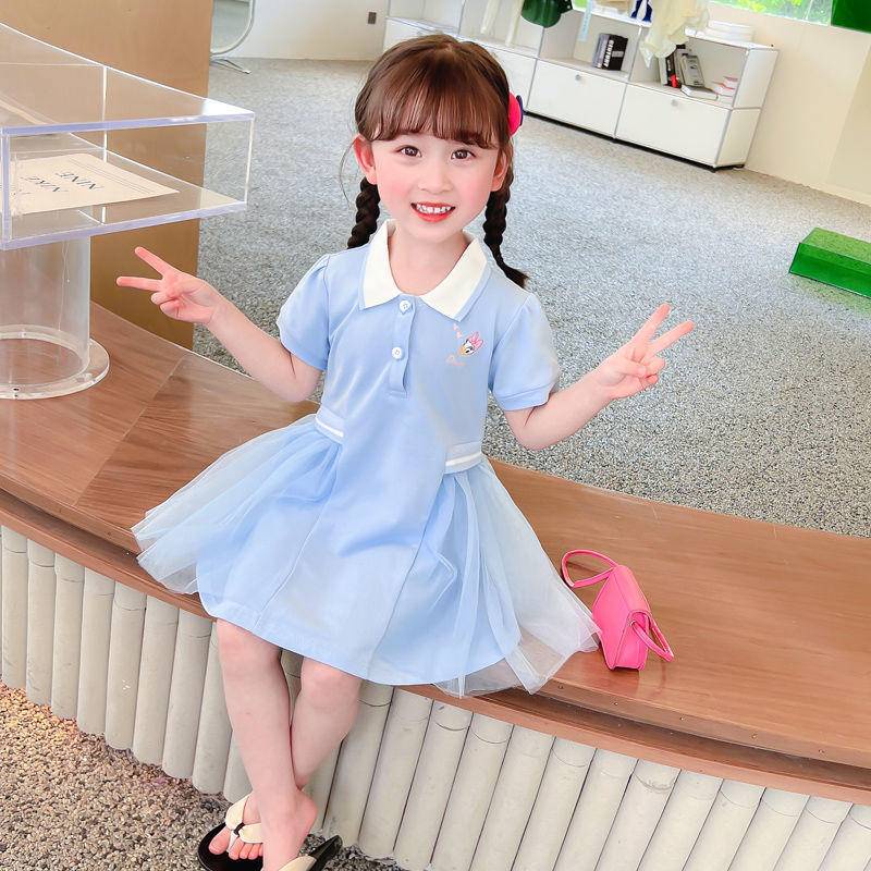 Áo đầm cổ polo dài trung bình tay ngắn phong cách sinh viên phương Tây Hàn Quốc dành cho bé gái
