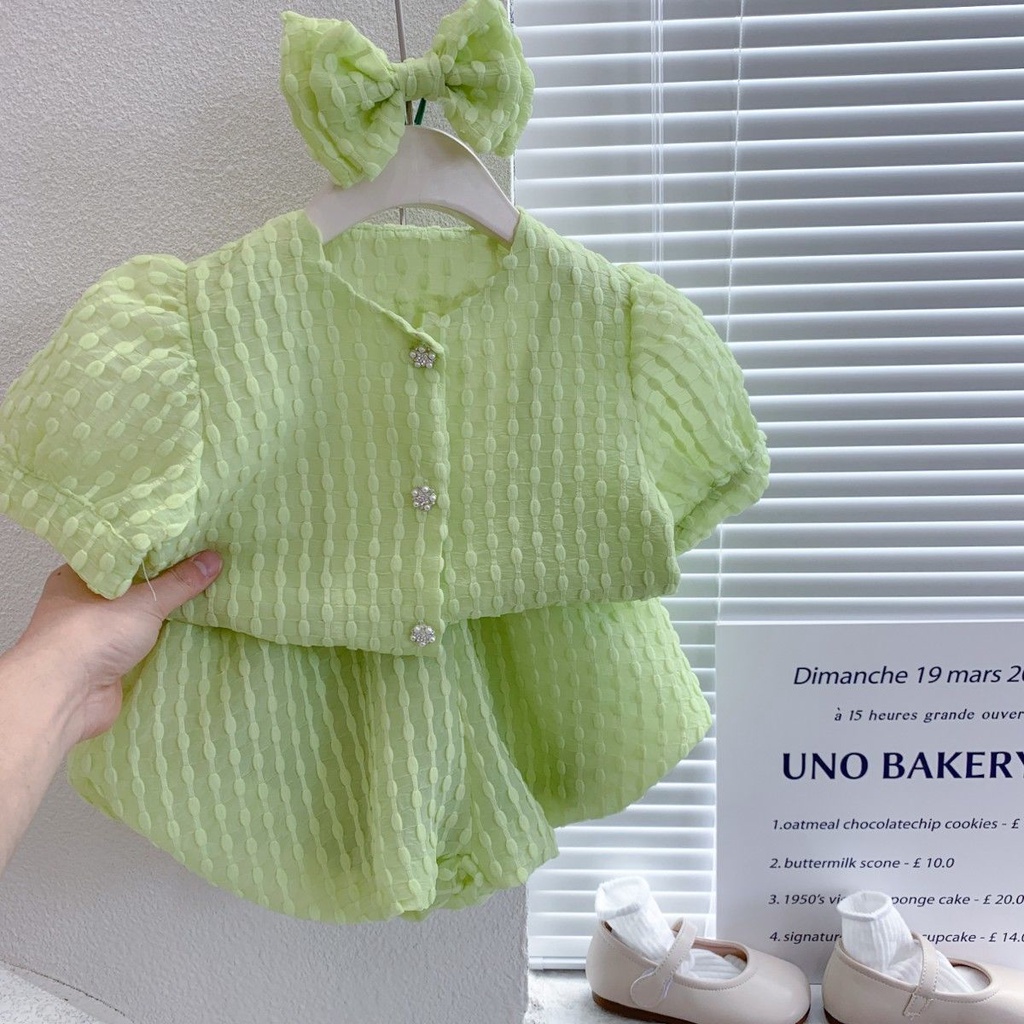 Bộ Áo Thun Tay Ngắn Màu Trơn + Chân Váy + Nơ Thời Trang Hè Hàn Quốc 2023 Mới Cho Bé Gái