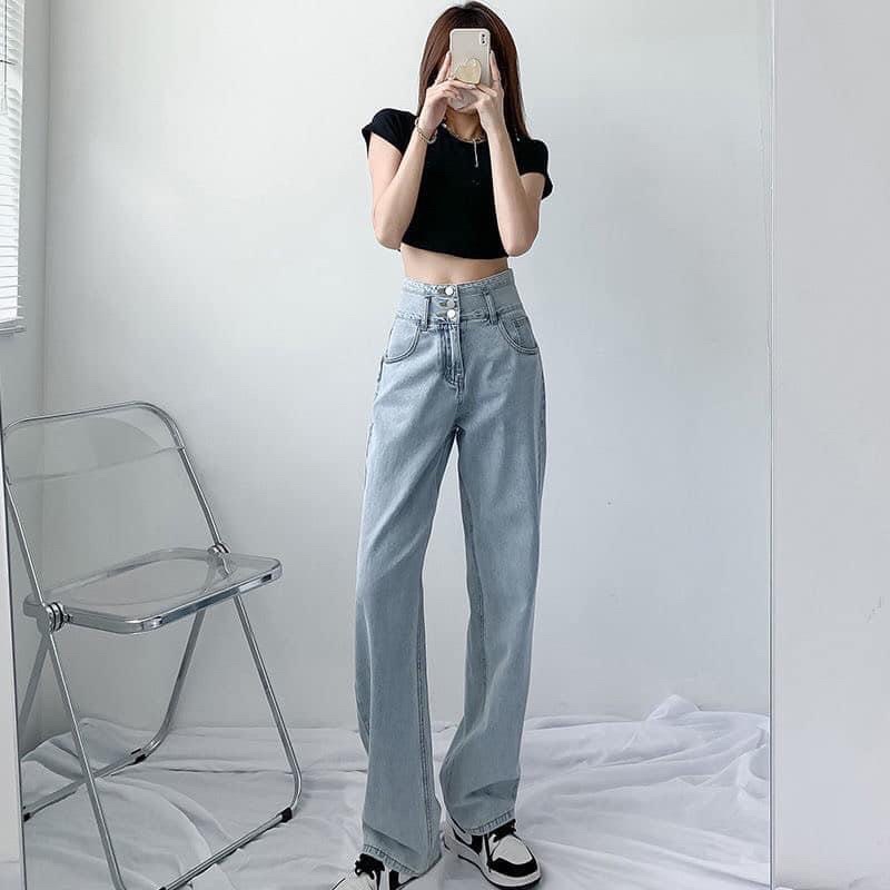 Quần Jeans Nữ Cạp 3 Cúc Màu Xanh Nhạt Ống Suông Lưng Cao Phong Cách Hàn Quốc Năng Động Cá Tính Chất Jean Loại 1
