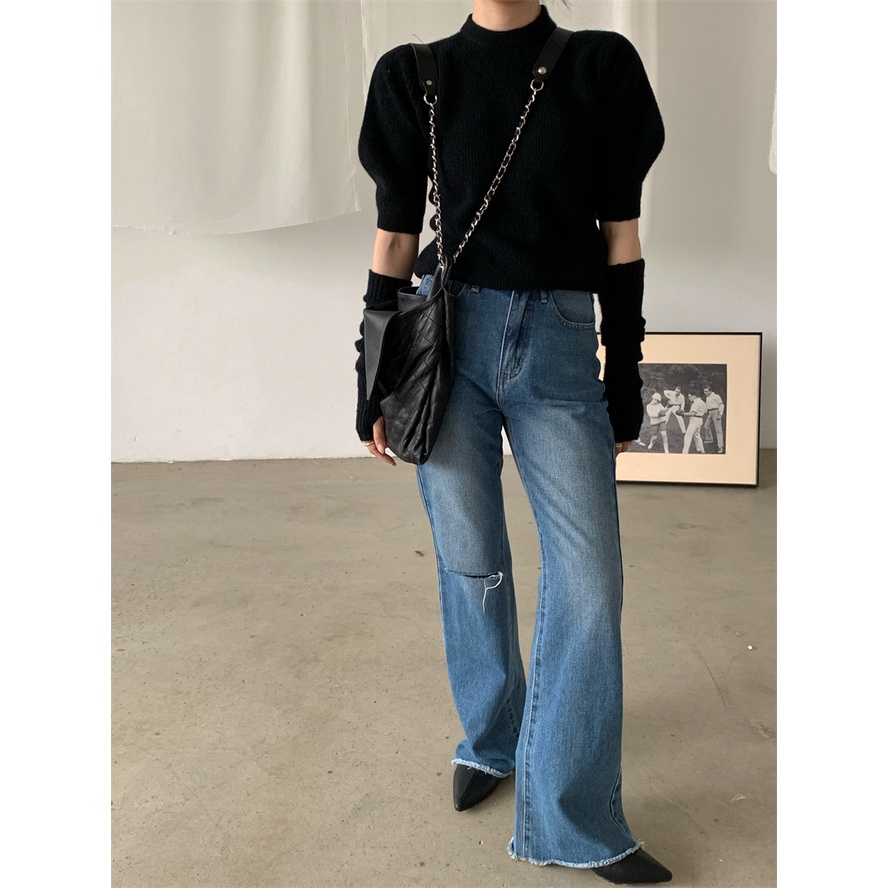 QKOOLE  Áo sweater dệt kim cổ tròn + găng đeo cánh tay kiểu Hàn Quốc thời trang cho nữ