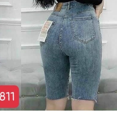 Quần jean ngố nữ lưng cao rách gối chất vải denim co dãn , quần lửng nữ, quần jean màu xanh nhạt T-FASHION 24H M811