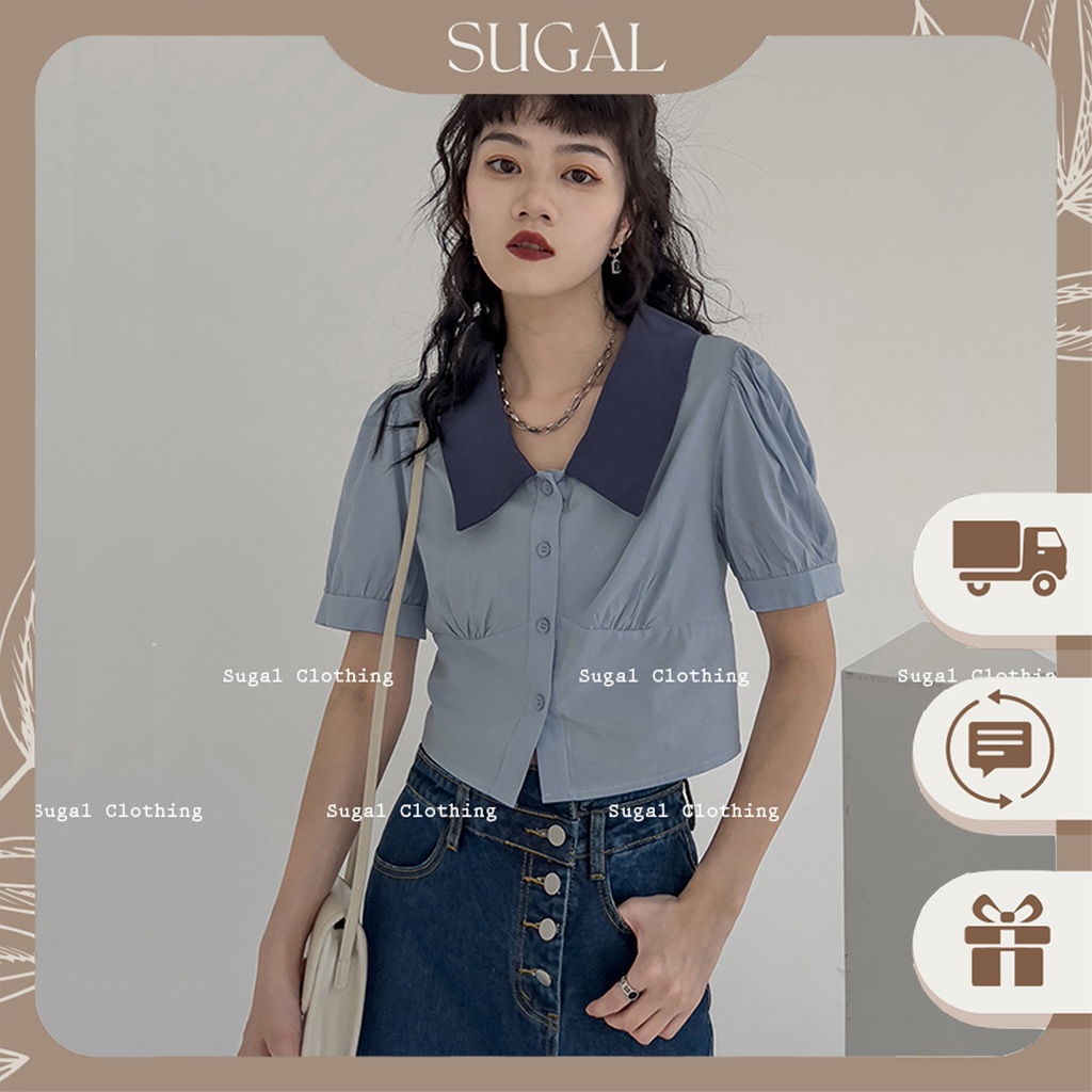 Áo Cộc Tay Sơ Mi Nữ Dáng Croptop Cổ Polo Tay Ngắn Bồng Thời Trang Sugal SO MI NU 014