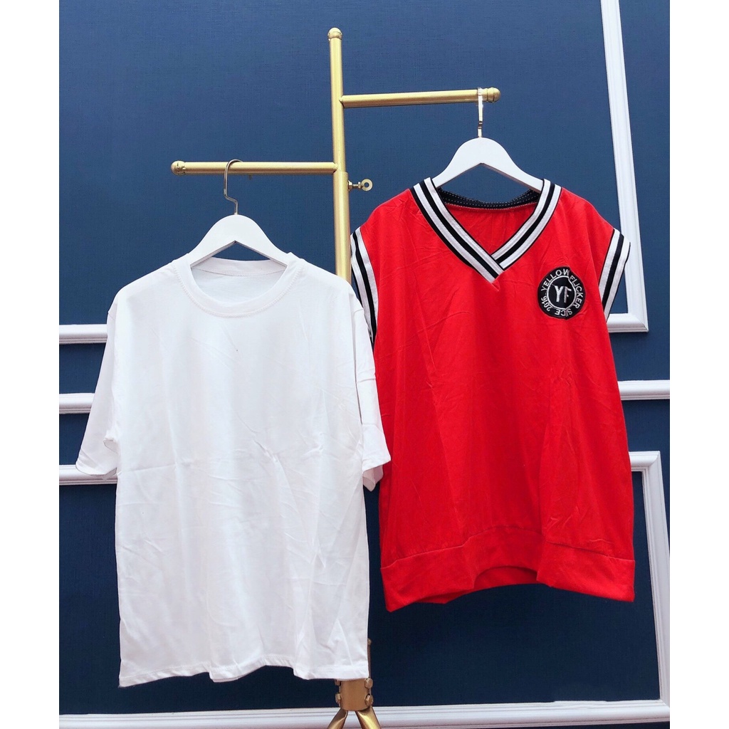 Set Áo Gile Đỏ Huy Hiệu Viền Cổ Kèm Áo Trắng Chất Liệu Cotton - ÁO GILE YF ĐỎ + Áo Phông Trơn Trắng Phong Cách Hàn Quốc