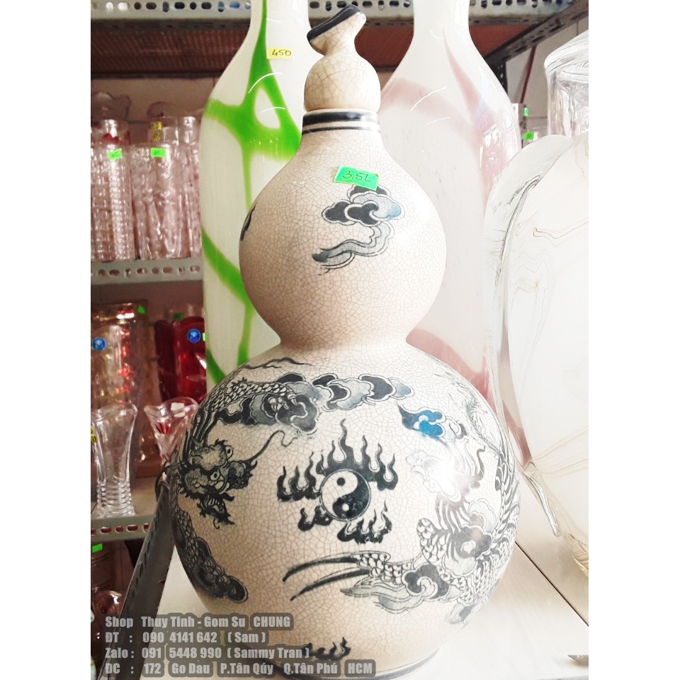 Hồ lô sứ tráng men rạn có họa tiết vẽ tay xanh bích giả cổ Bát Tràng 3500ML