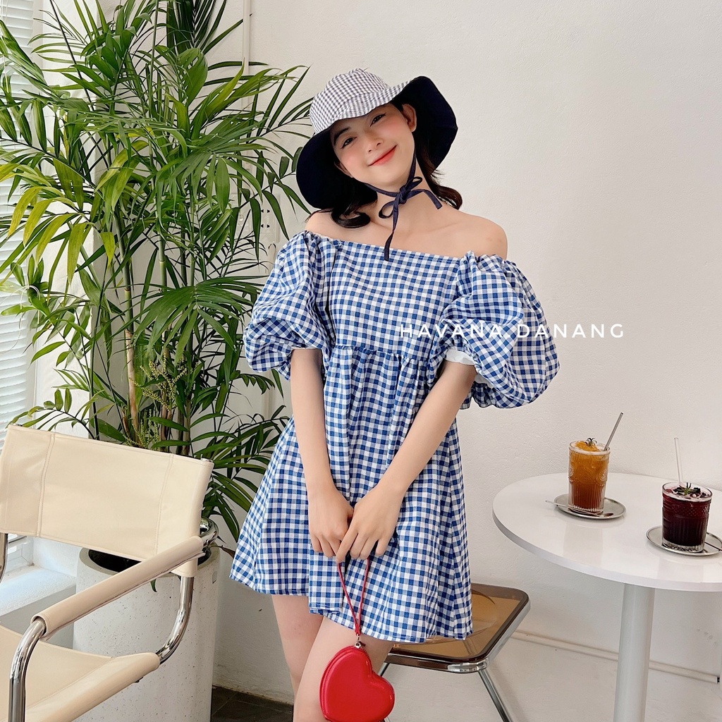 Váy babydoll caro trễ vai, babydoll tay phồng bo chun co giãn | BigBuy360 - bigbuy360.vn