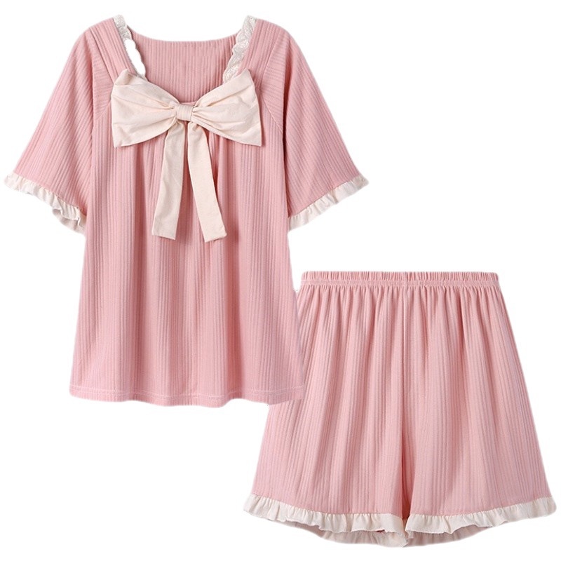 Bộ Đồ Ngủ Ngắn Tay Đính Nơ Ngọt Ngào Thời Trang Mùa Hè Cho Nữ