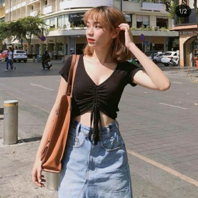 Áo Tay Ngắn Croptop Cô Tim Rút Dâyl.