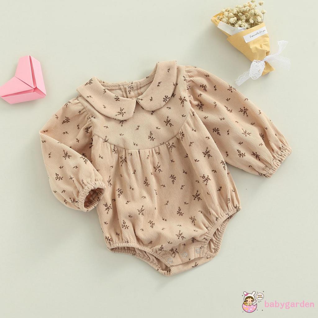 Áo liền quần tay dài giữ ấm cổ búp bê tròn in hoa bằng nhung kẻ có nút cài cho bé gái