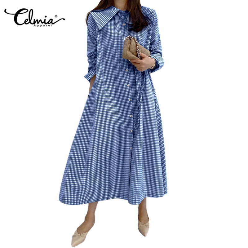 Đầm CELMIA dáng chữ A tay dài cổ gập kẻ sọc caro thanh lịch thời trang xuân thu dành cho nữ