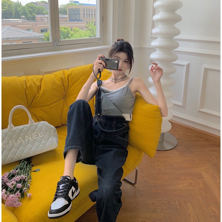 【ZHELIHANGFEI】Áo Dệt Kim Sát Nách Lưng Cao Giả Hai Lớp Cá Tính Thời Trang