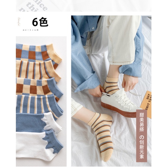 Tất nữ cổ ngắn họa tiết solid blue chất liệu cotton siêu mềm T01