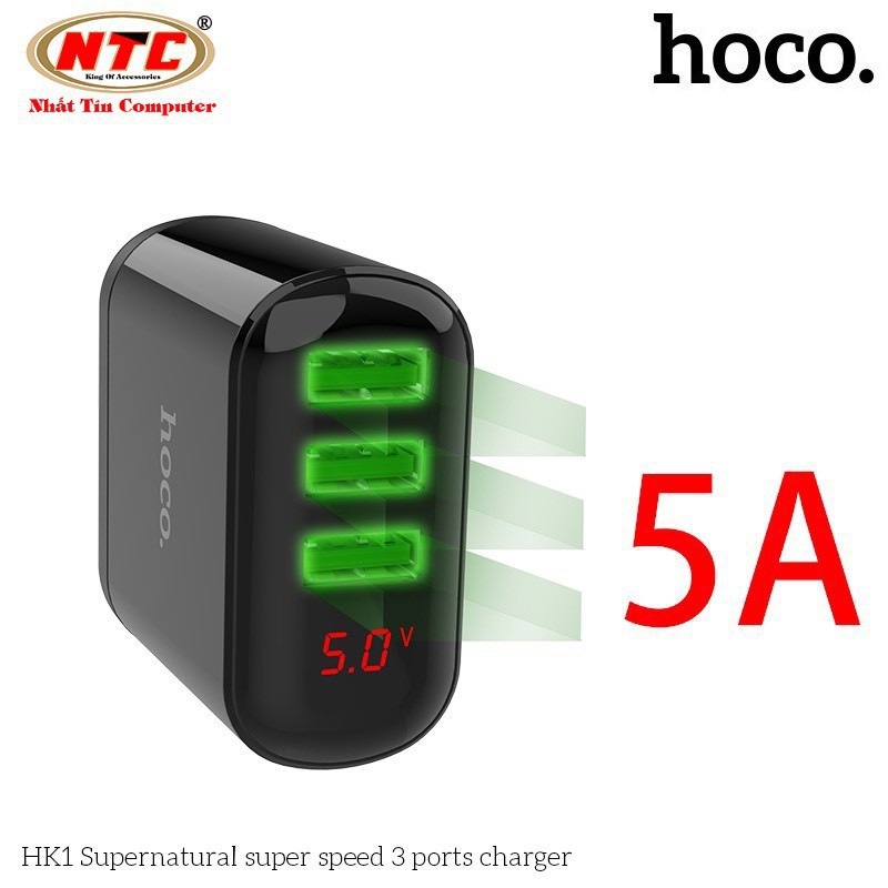 Củ sạc nhanh 5A 3 cổng có đèn led báo dòng điện chính hãng Hoco HK1