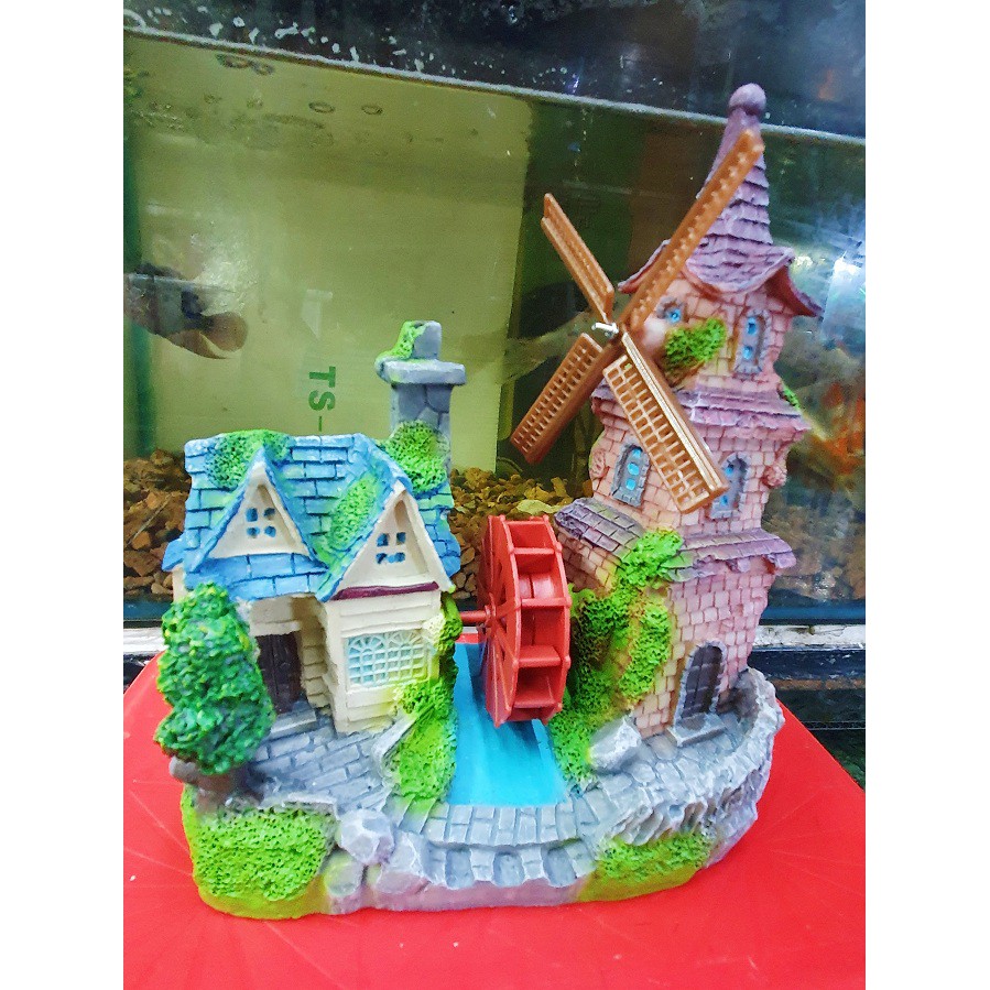 NHÀ CÓ BÁNH QUAY TRANG TRÍ HỒ CÁ NON BỘ 17x9x20CM MẪU 2