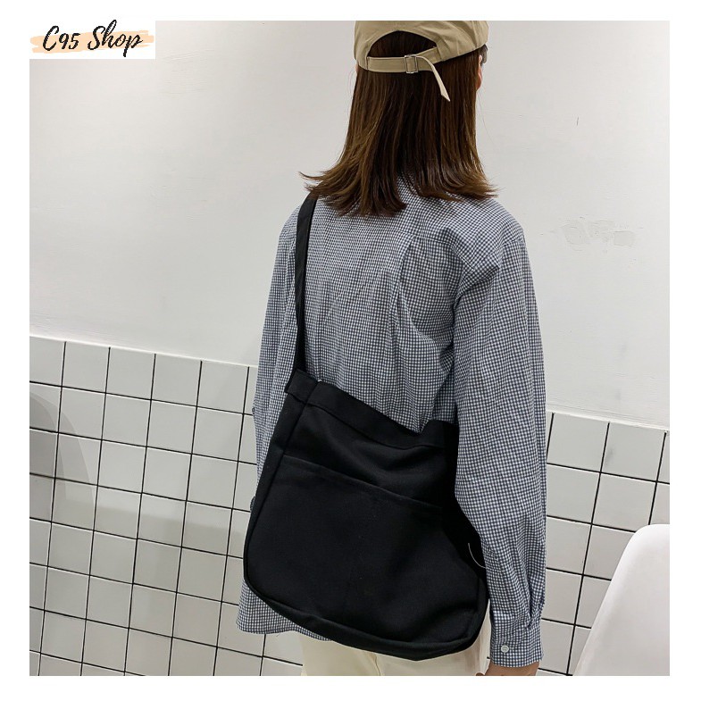 Túi tote đeo chéo nữ vải canvas phong cách ulazzang có túi con bên trong, T024