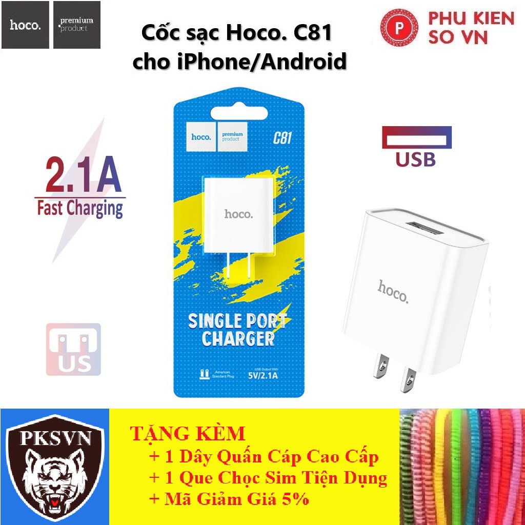 Cốc Sạc Nhanh Chính Hãng Hoco C81 - Củ Sạc Nhanh 2.1A 1 cổng sạc USB chất liệu PVC An toàn dành cho iPhone/Android