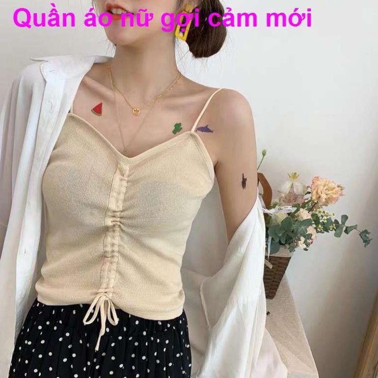 Ngực quấn dây rút gợi cảm mùa hè, mặc áo sơ mi hở đáy, yếm không tay mỏng, crop top nữ với quần ་