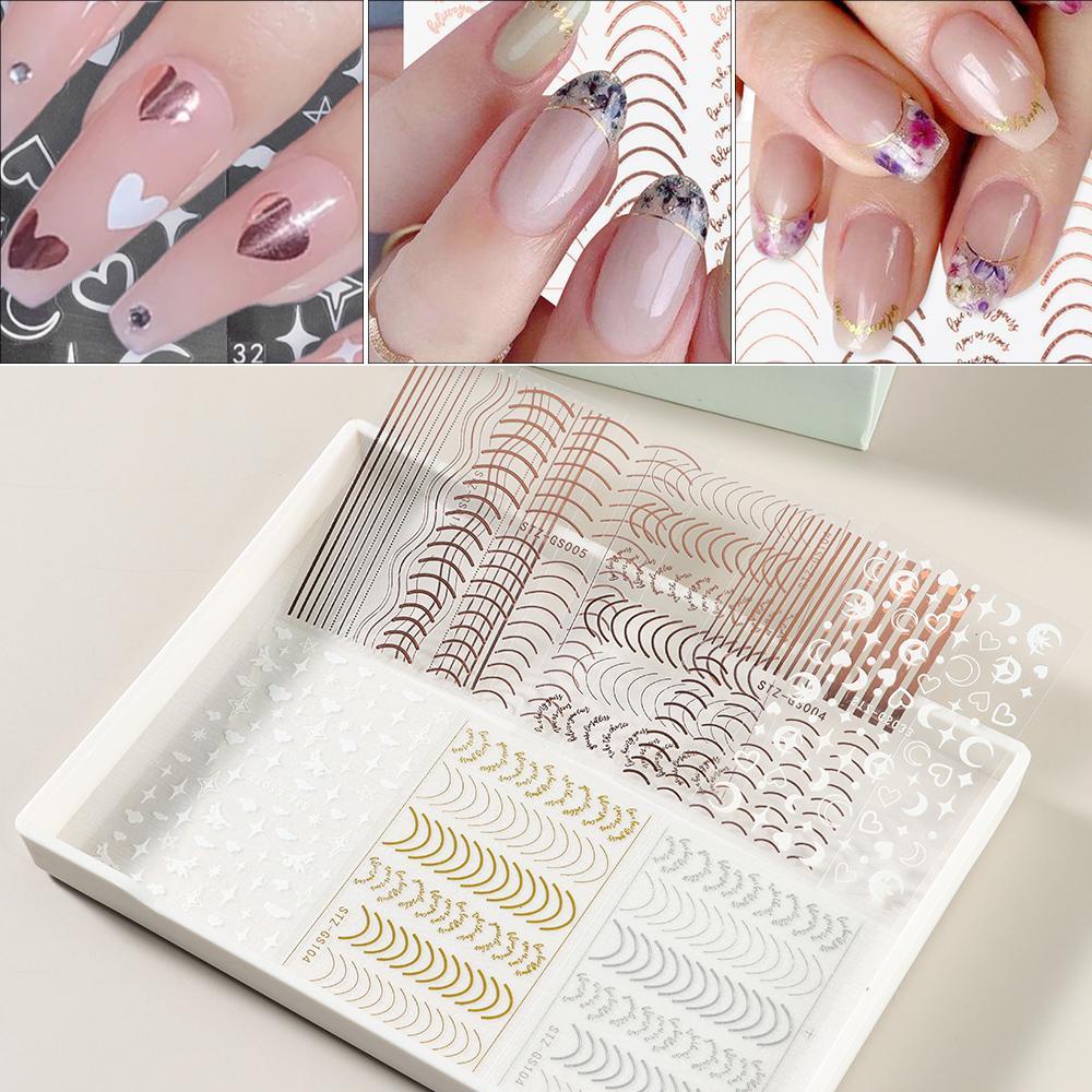 Miếng Dán Trang Trí Móng Tay Họa Tiết Kẻ Sọc Cong Bằng Kim Loại DIY